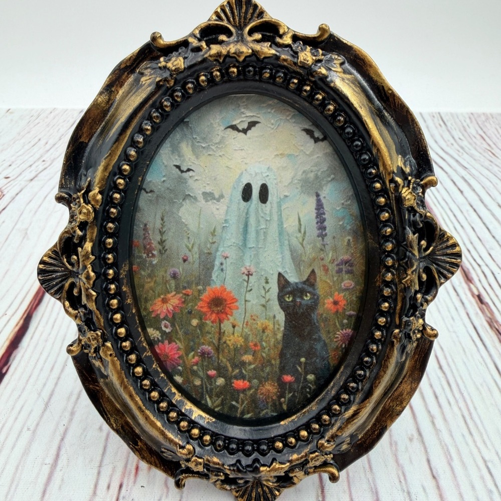 Handmade Ghost Black Cat Decoupage Art Print in Ornate Gold Black Resin Frame